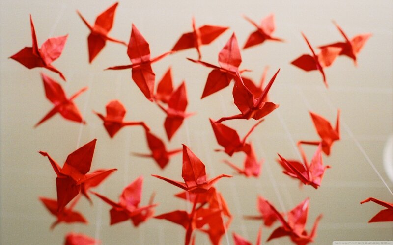 Red origami cranes hanging