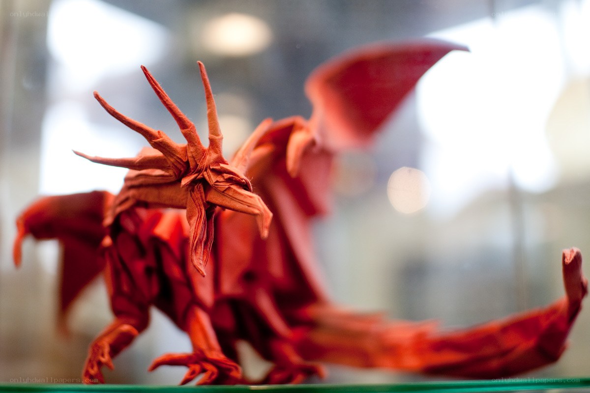 Red origami dragon sculpture