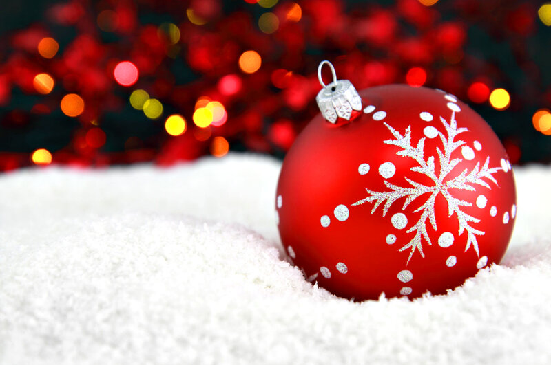 Red Ornament in Snow — Festive, Winter, Photograph, Bokeh Lights