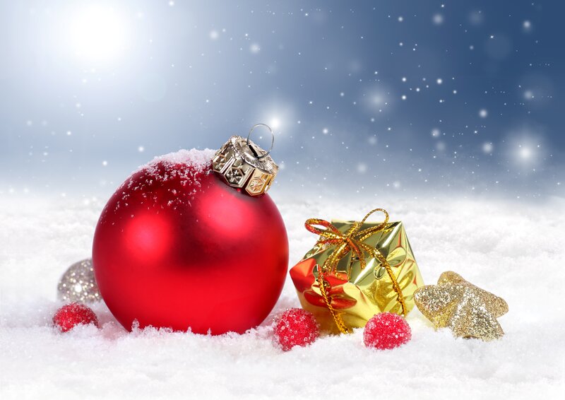 Red Ornament in Snow — Festive, Winter, Photograph, Gift Box, Star Decoration