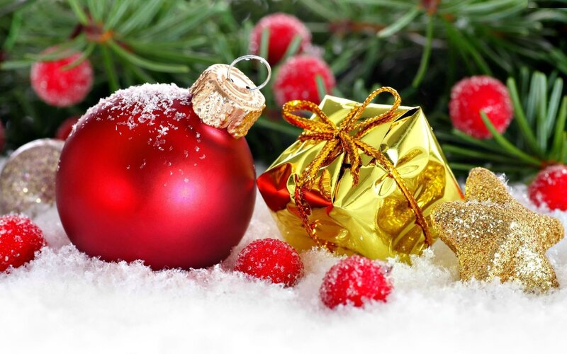 Red Ornament in Snow — Festive, Winter, Photograph, Gold Gift