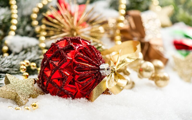 Red Ornament in Snow — Festive, Winter, Photograph, Gold Star