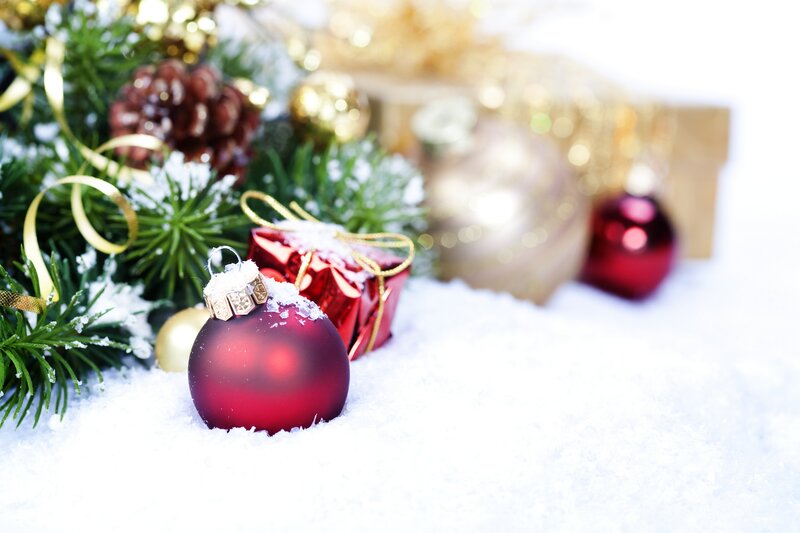 Red Ornament in Snow — Festive, Winter, Photograph, Pine Branches
