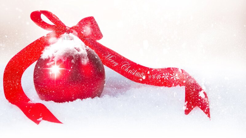 Red Ornament in Snow — Festive, Winter, Photograph, Ribbon, Bow