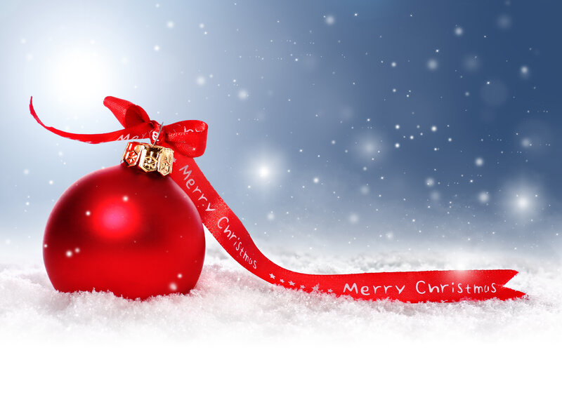 Red Ornament in Snow — Festive, Winter, Photograph, Ribbon