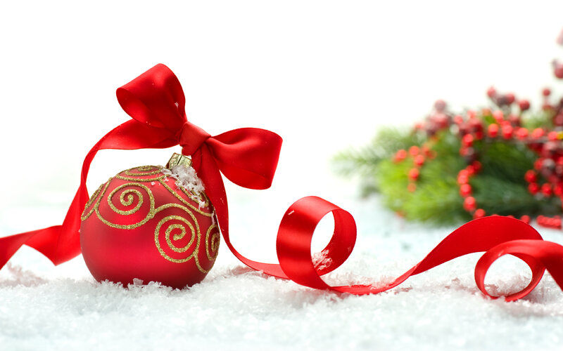 Red Ornament in Snow — Festive, Winter, Photograph