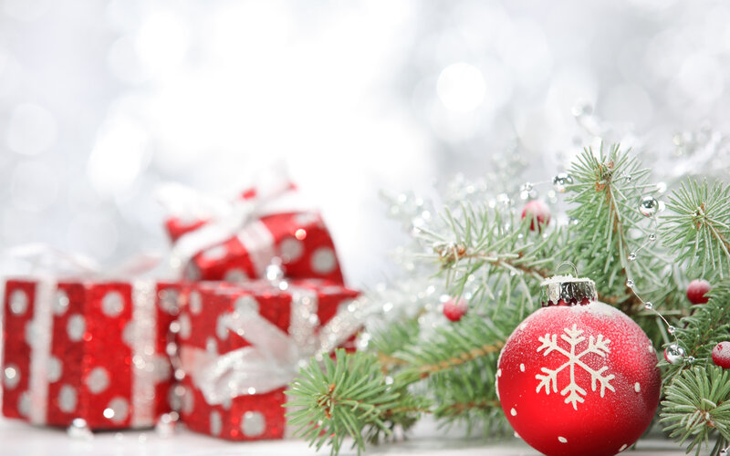 Red Ornament on Branch — Festive, Winter, Photograph, Gift Boxes