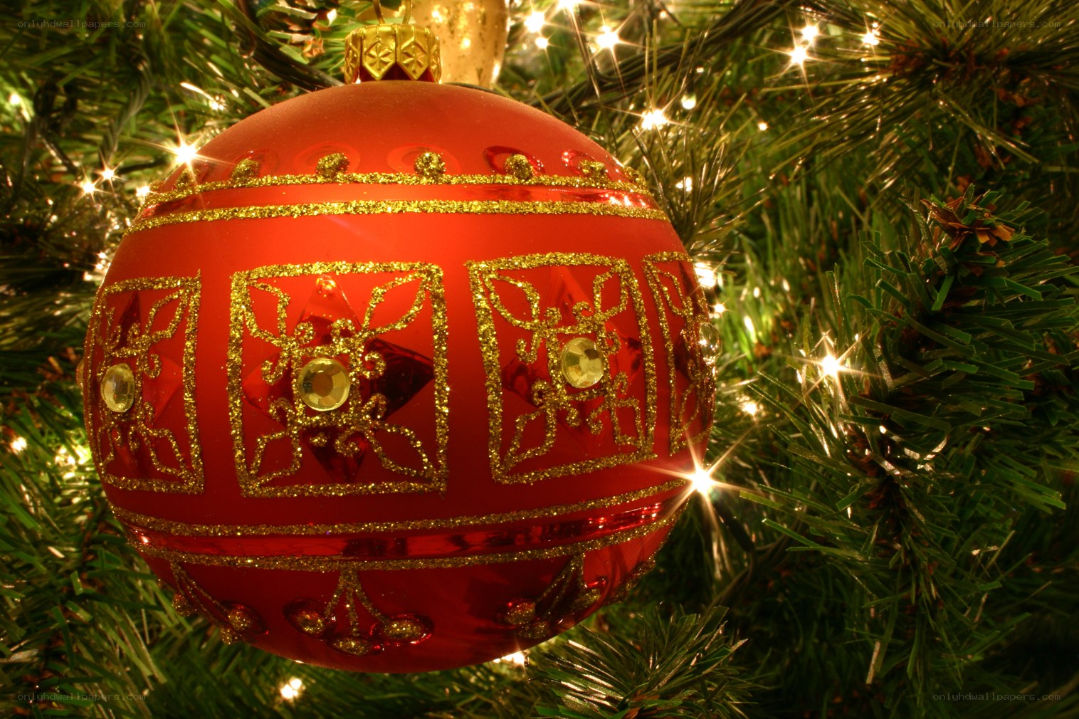 Red ornament on Christmas tree
