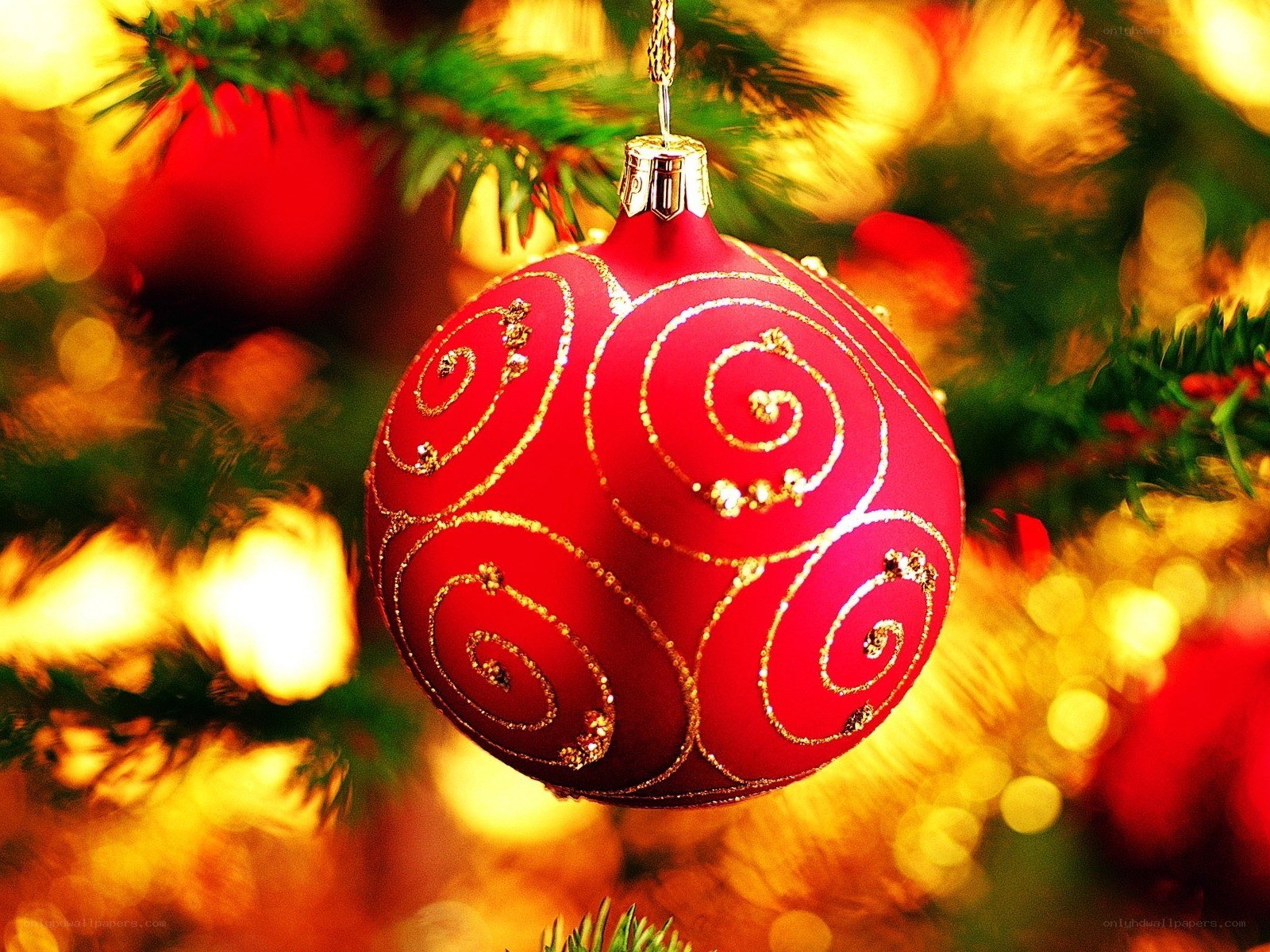 Red ornament on Christmas tree