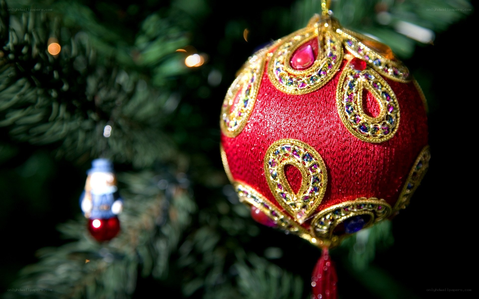 Red ornament on Christmas tree