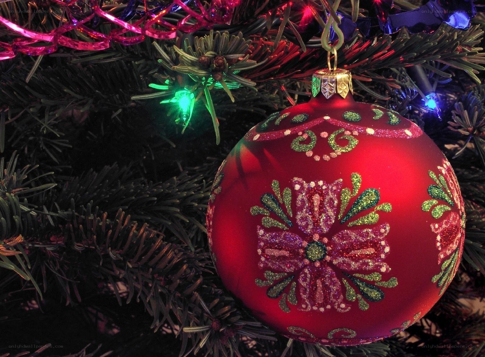 Red ornament on Christmas tree