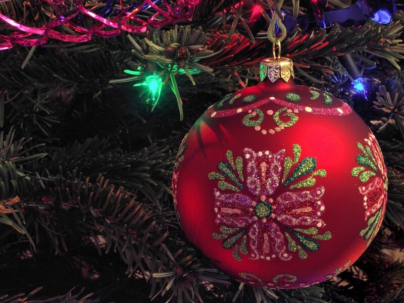 Red ornament on Christmas tree