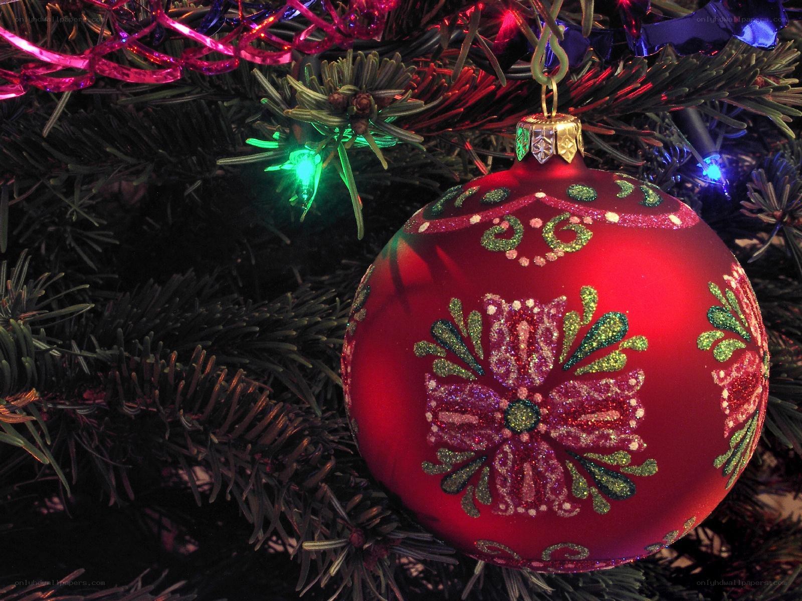 Red ornament on Christmas tree
