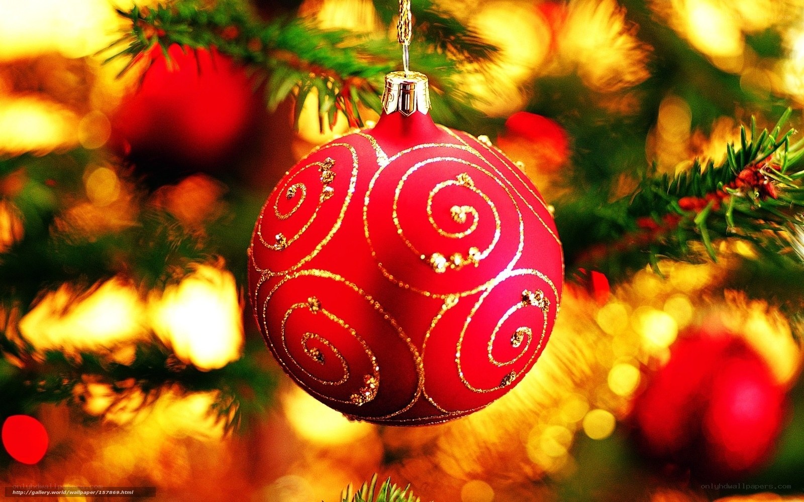Red ornament on Christmas tree