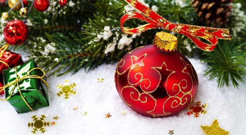 Red Ornament on Snow — Festive, Winter, Photograph, Pine Branches