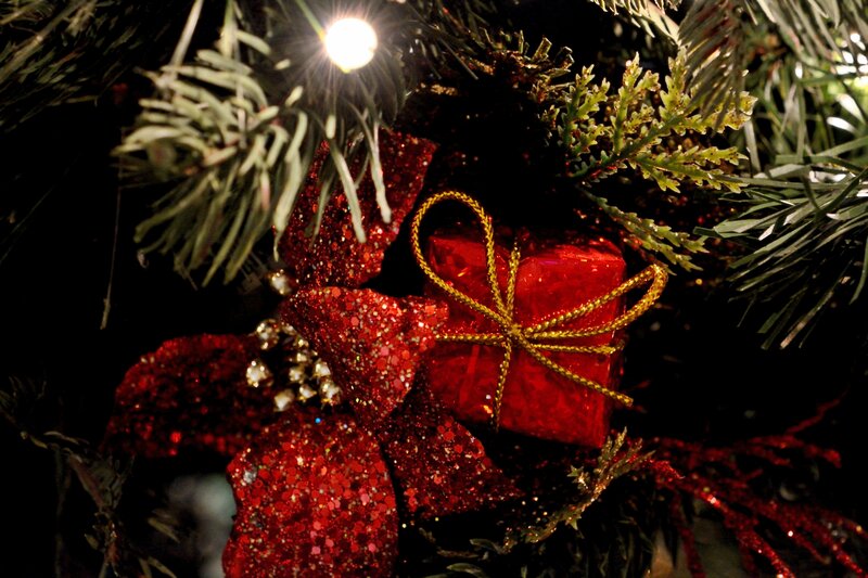 Red Ornament on Tree — Festive, Night, Photograph, Bow