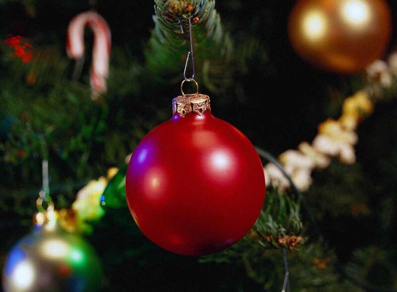 Red Ornament on Tree — Festive, Night, Photograph, Candy Cane