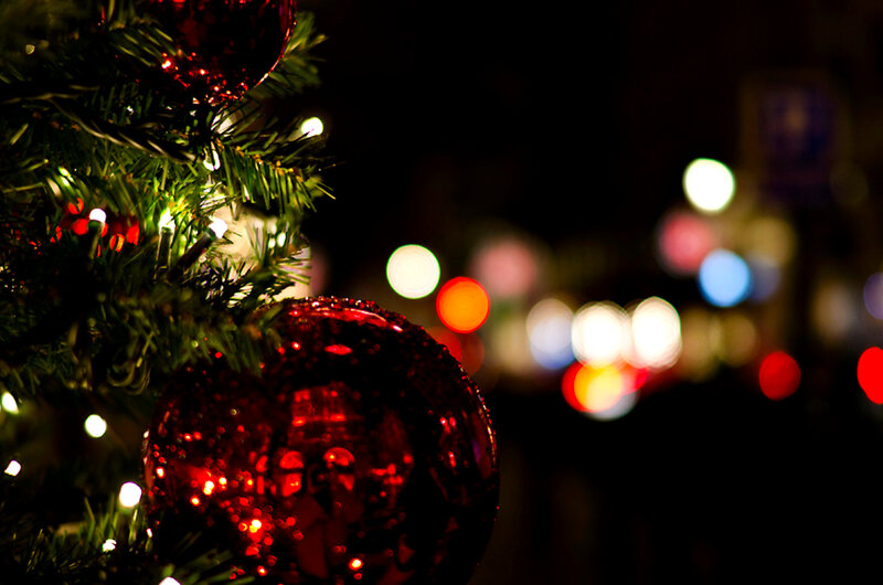 Red Ornament on Tree — Festive, Night, Photograph, Christmas Lights, Bokeh