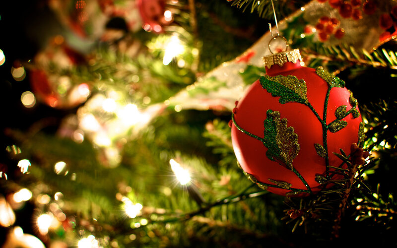 Red Ornament on Tree — Festive, Night, Photograph, Christmas Lights, Evergreen Branches