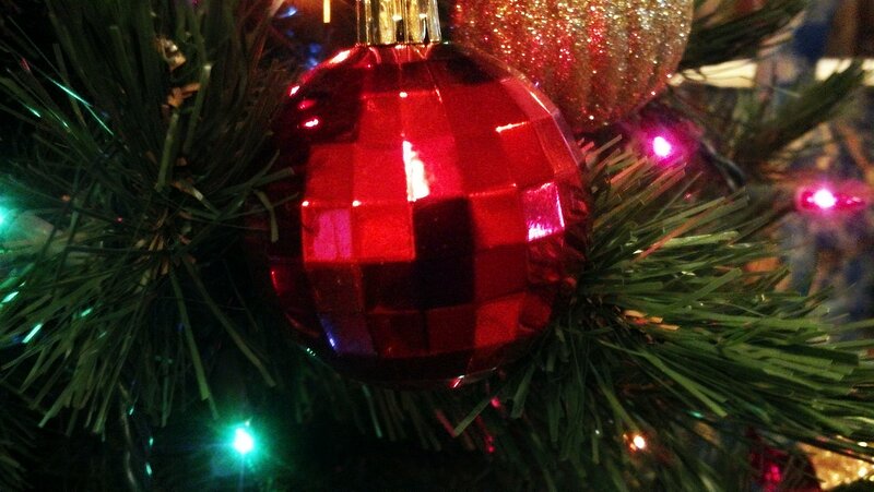 Red Ornament on Tree — Festive, Night, Photograph, Christmas Lights, Pine Needles