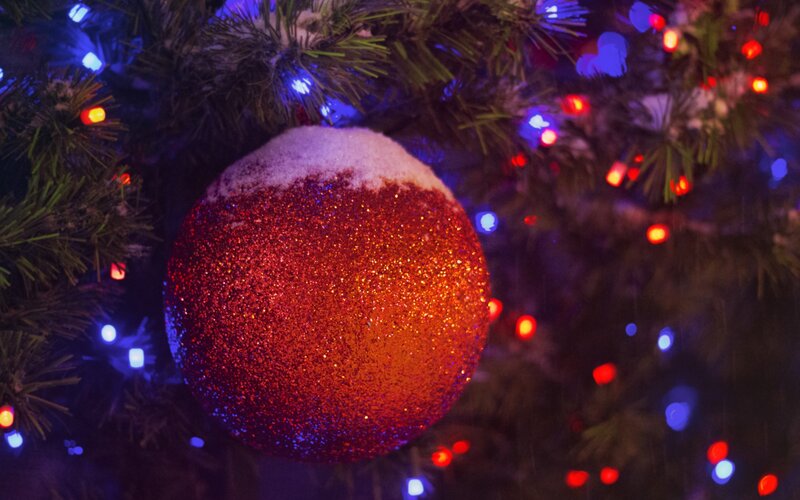 Red Ornament on Tree — Festive, Night, Photograph, Christmas Lights, Snow