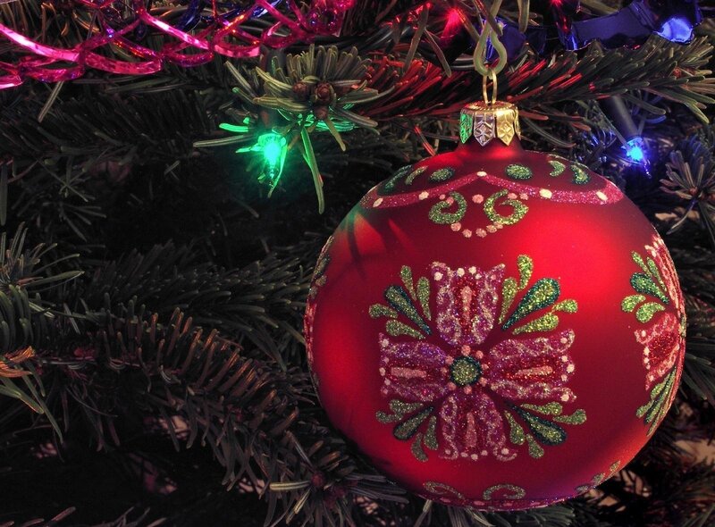 Red Ornament on Tree — Festive, Night, Photograph, Christmas Lights, Tinsel