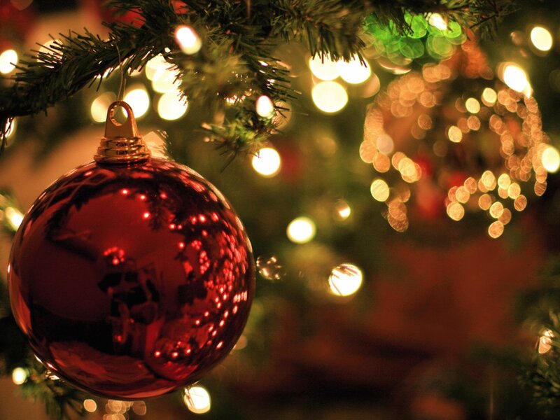 Red Ornament on Tree — Festive, Night, Photograph, Christmas Lights, Tree Branches, Bokeh