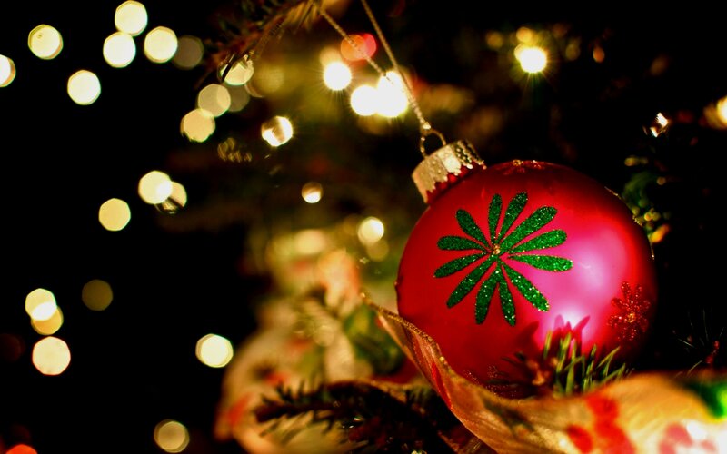 Red Ornament on Tree — Festive, Night, Photograph, Christmas Lights, Tree Branches, Ribbon
