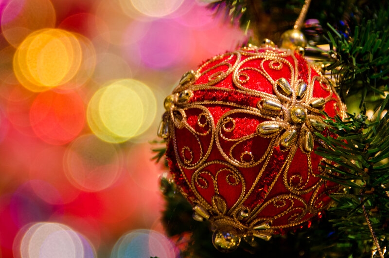 Red Ornament on Tree — Festive, Night, Photograph, Christmas Tree