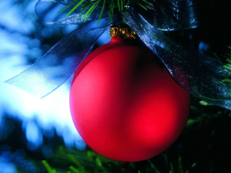 Red Ornament on Tree — Festive, Night, Photograph