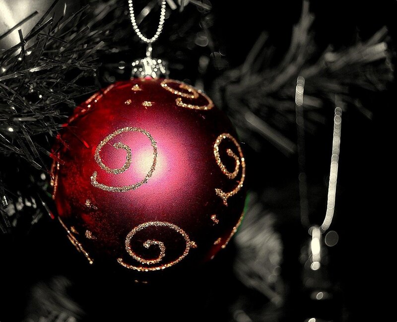 Red Ornament on Tree — Festive, Night, Photograph, Tree Branches, Chain