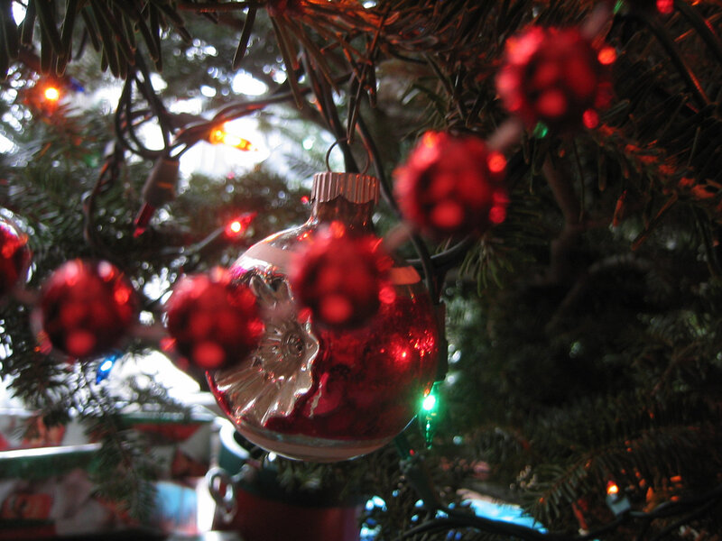 Red Ornament on Tree — Festive, Night
