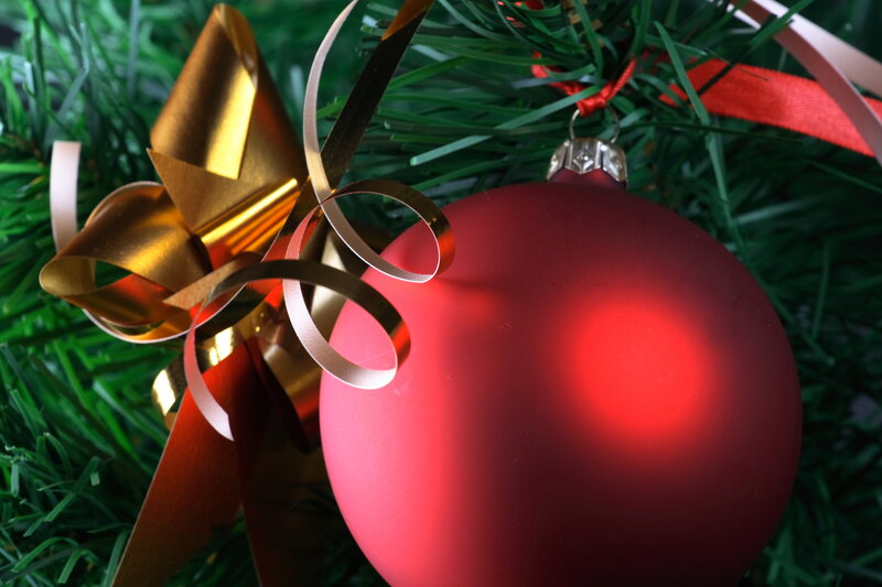 Red Ornament on Tree — Festive, Winter, Photograph, Gold Bow