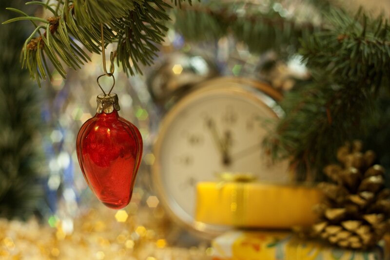 Red Ornament on Tree — Festive, Winter, Photograph, Pine Branch