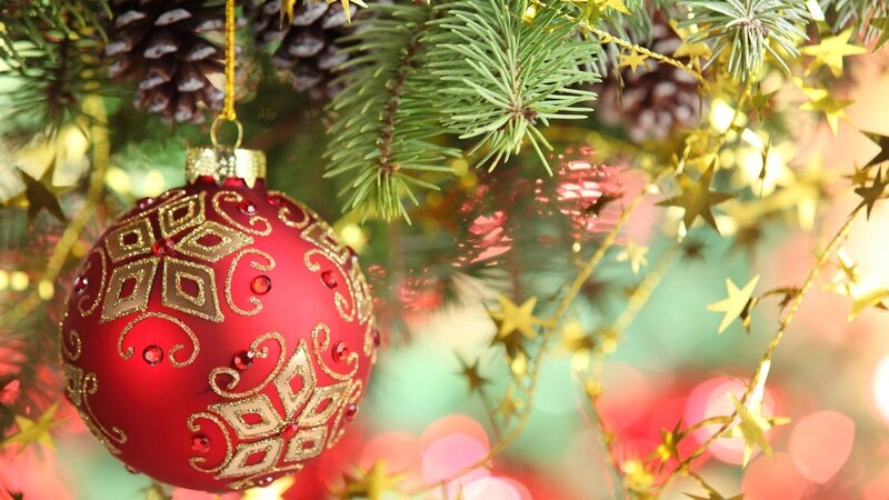 Red Ornament on Tree — Festive, Winter, Photograph, Pine Needles