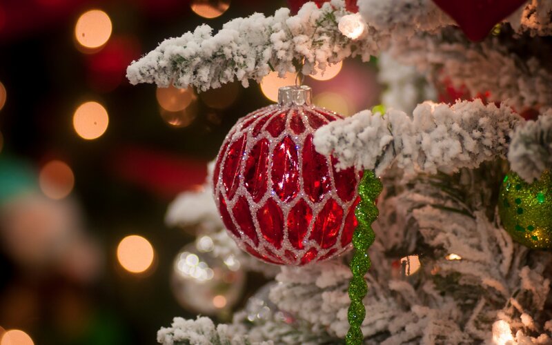 Red Ornament on Tree — Festive, Winter, Photograph, Snow, Lights