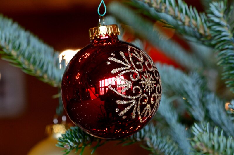 Red Ornament on Tree — Festive, Winter, Photograph, Snowflake Design