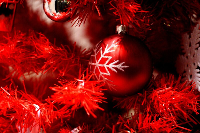 Red Ornament on Tree — Festive, Winter, Photograph, Snowflake