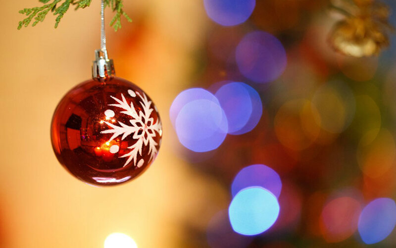 Red Ornament on Tree — Festive, Winter, Photograph, Snowflake, Tree Branch