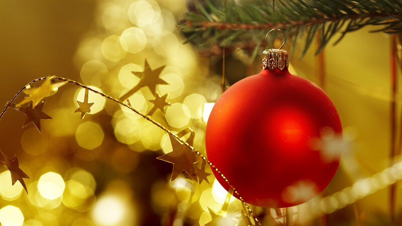 Red Ornament on Tree — Festive, Winter, Photograph, Star Garland
