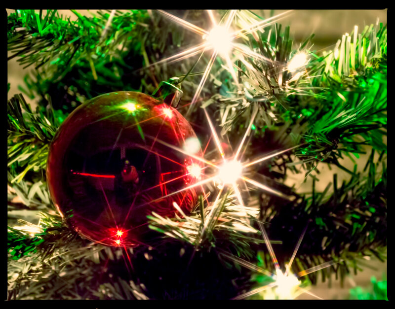Red Ornament on Tree — Green, Festive, Night, Photograph