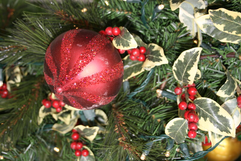 Red Ornament on Tree — Green, Festive, Winter, Photograph, Berries, Leaves