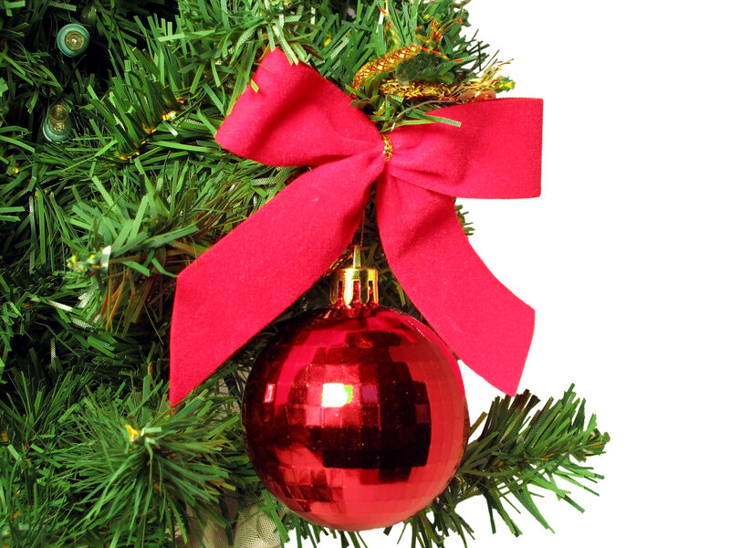 Red Ornament on Tree — Green, Festive, Winter, Photograph, Bow