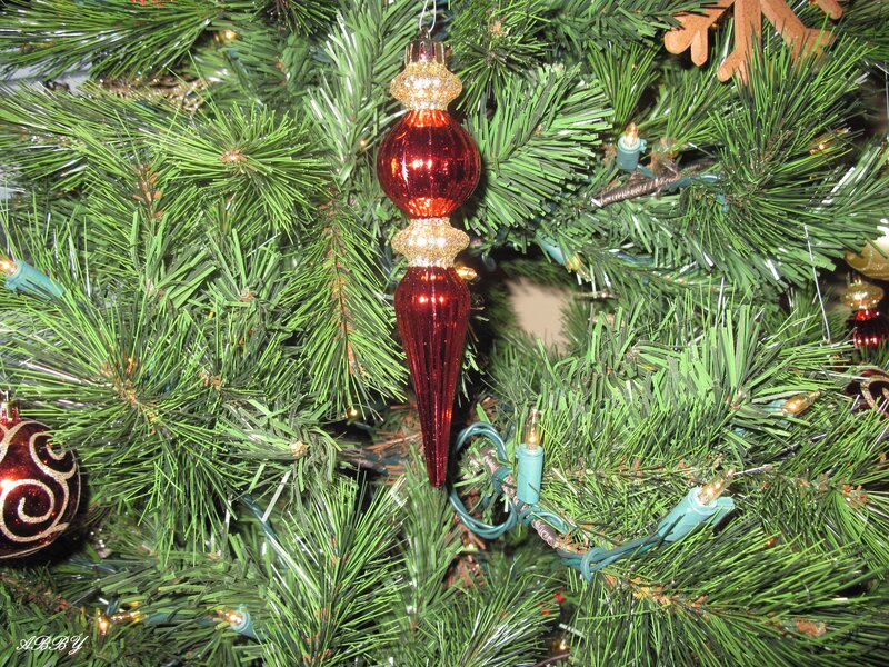 Red Ornament on Tree — Green, Festive, Winter, Photograph, Christmas Lights