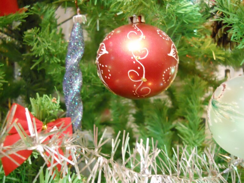Red Ornament on Tree — Green, Festive, Winter, Photograph