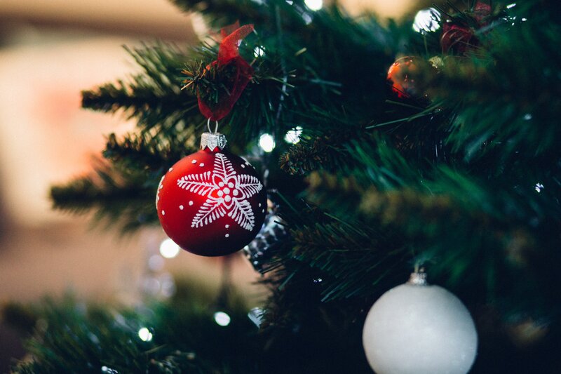 Red Ornament on Tree — Green, Festive, Winter, Photograph, White Ornament