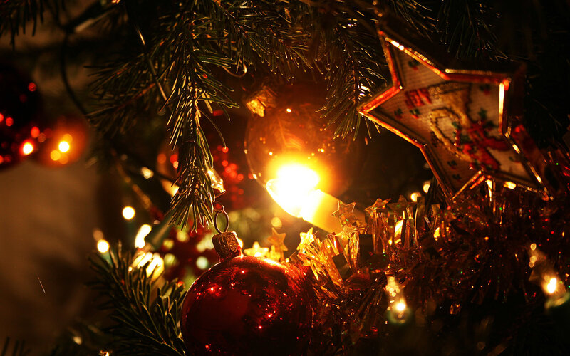 Red Ornament on Tree — Warm, Night