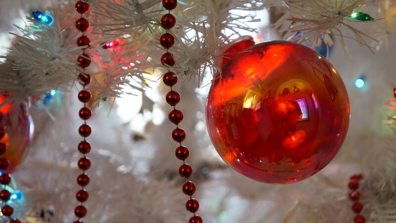 Red Ornament on White Tree — Festive