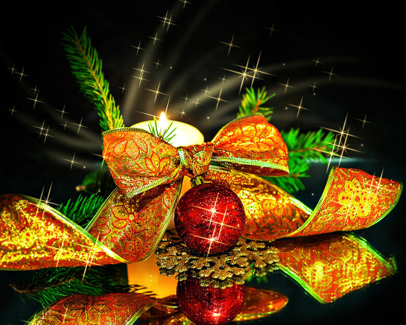 Red Ornament with Bow — Festive, Winter, Photograph, Candle