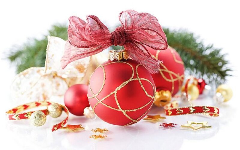 Red Ornament with Bow — Festive, Winter, Photograph, Pine Branches